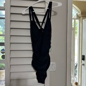 Black Ruched One Piece Swimsuit Strappy Crisscross Back V-Neck Swimwear